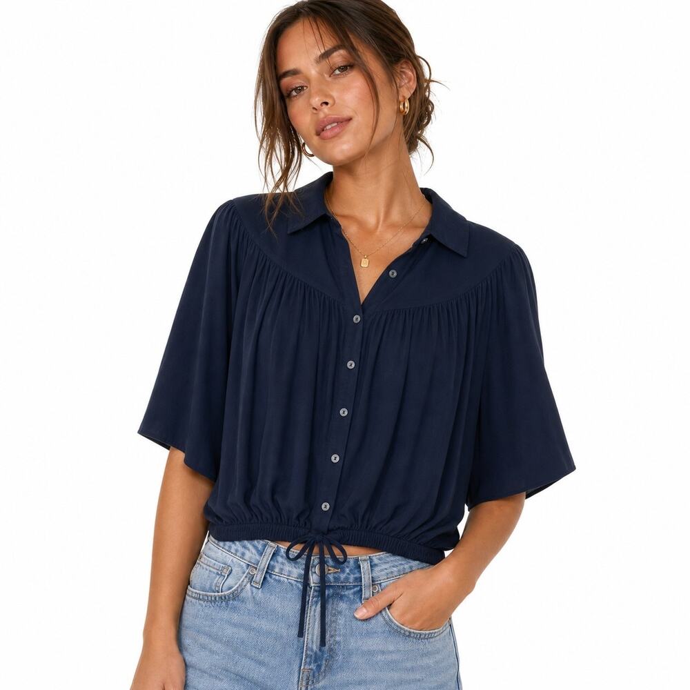 Free People Navy Button Front Tie Hem Blouse – XS (NWT)